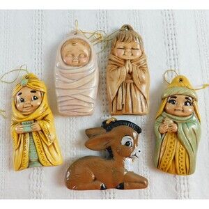 Vintage Nativity Christmas Flat Ornament Set of 5 Jesus Joseph Wiseman Donkey